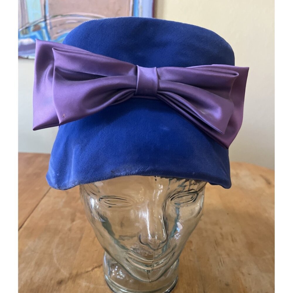 Vintage Blue Velvet Bucket Hat Union Made USA Satin Bow 21 Inch Circumstance